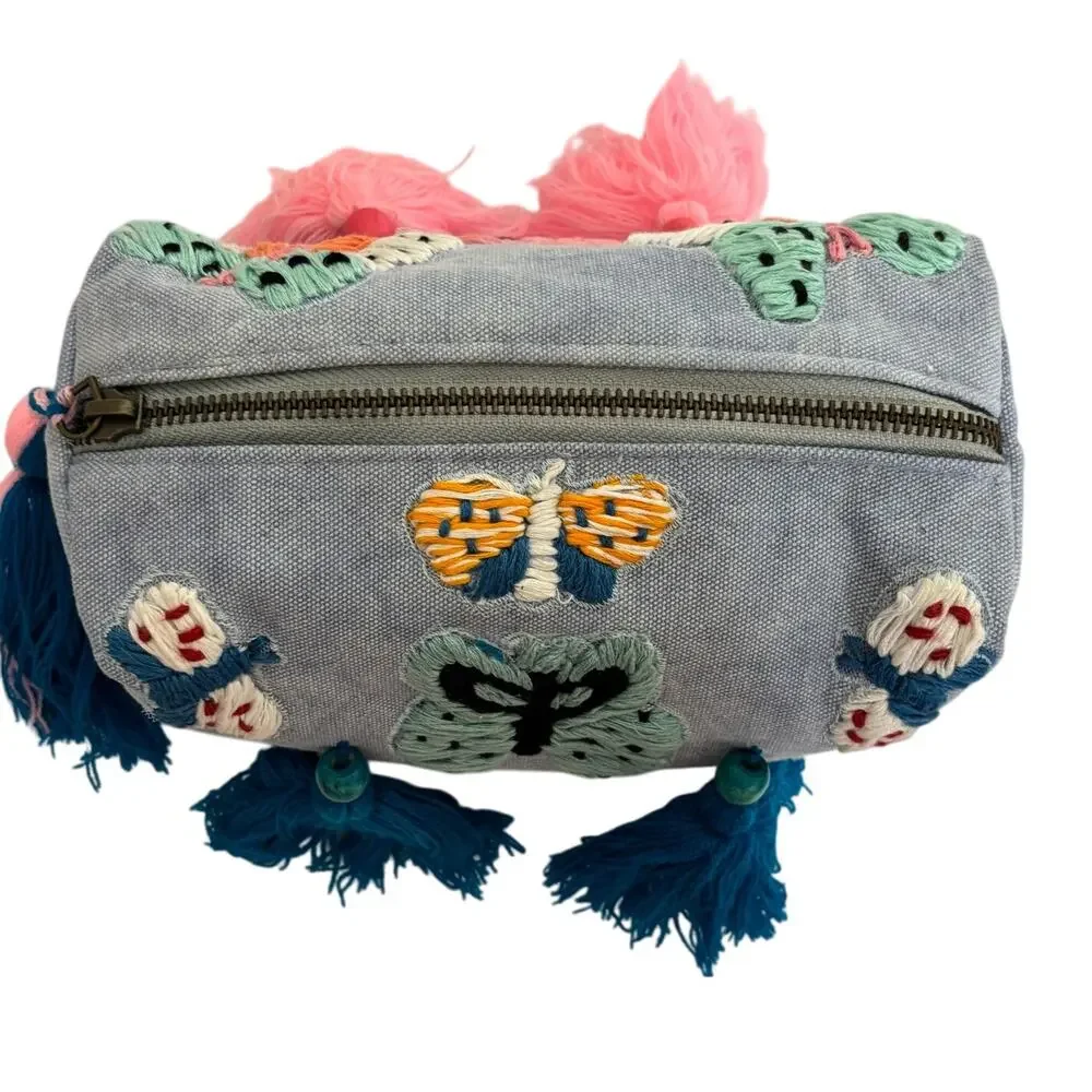 Raj LA Light Denim Blue Canvas Embroidered Tasseled Butterfly Cosmetic Bag NEW